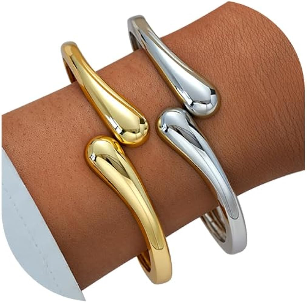 Gold Bangles Bracelet for Women Trendy, 2 Pcs Dainty Chunky Cuff Bracelet Stack Gold and Silver | Amazon (US)