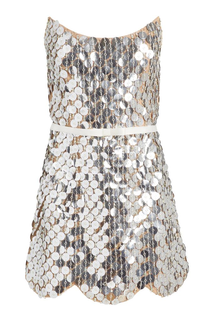 Vivienne Silver Paillette Mini Dress with Scalloped Hem and Detachable Bow Belt | Over The Moon
