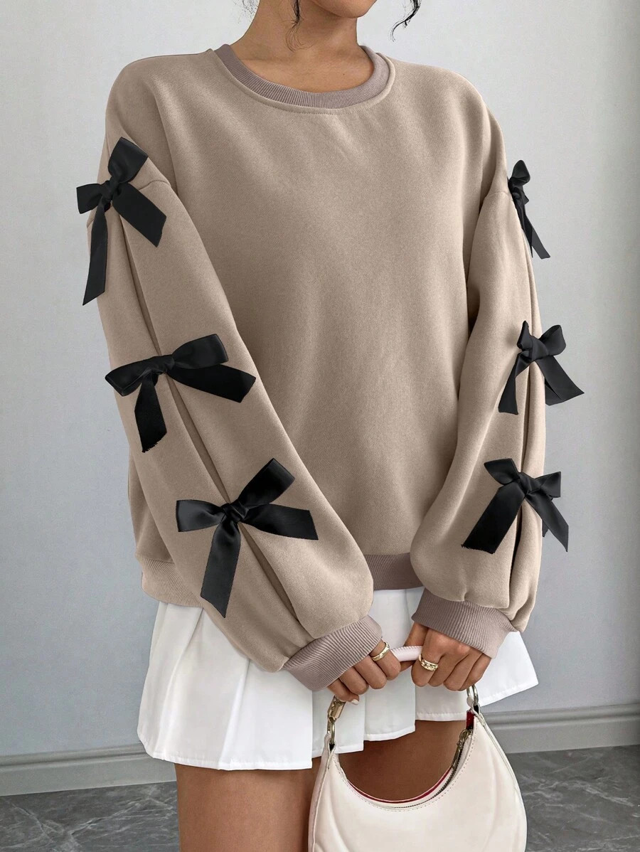 SHEIN Relaxiva Women's Bow Decor Round Neck Casual Long Sleeve Pullover Hoodie | SHEIN