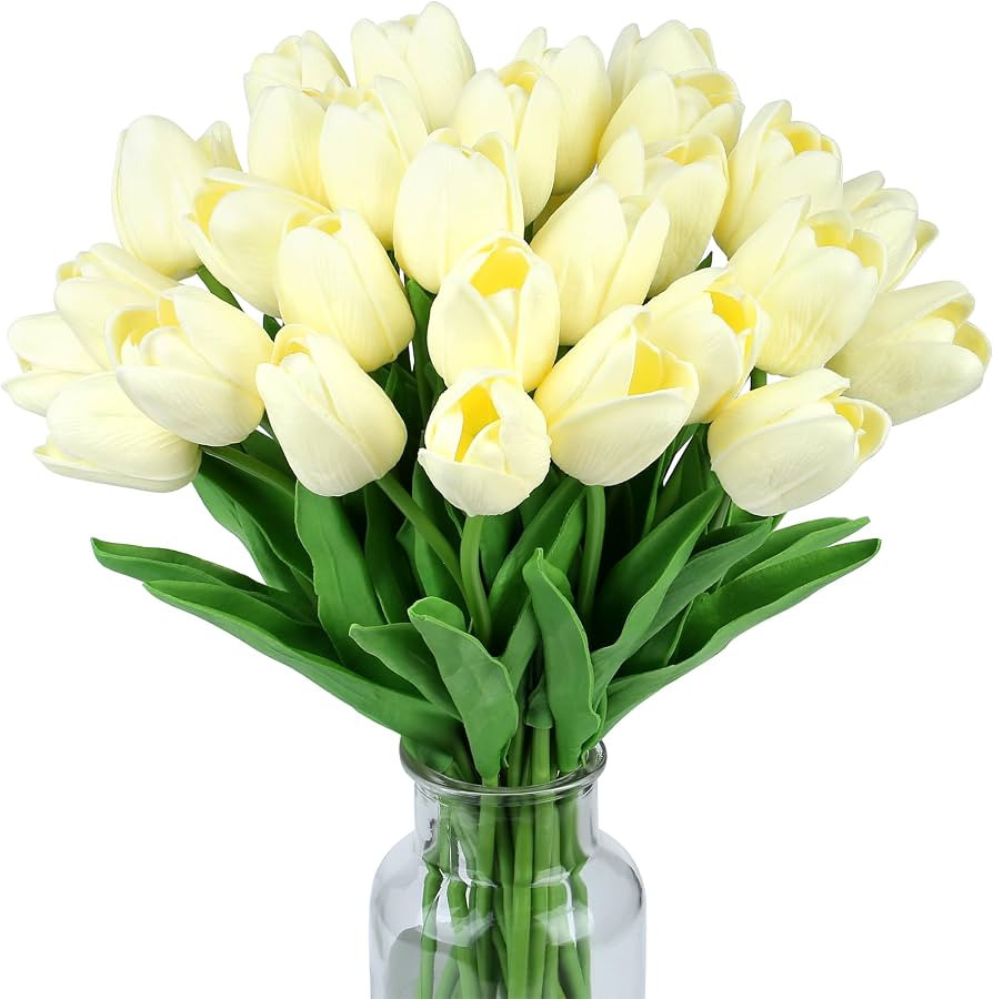SITUMEIZI 15pcs Fake Tulips Artificial Flowers Real Touch Beige 14" PU Flower for Home Kitchen De... | Amazon (US)