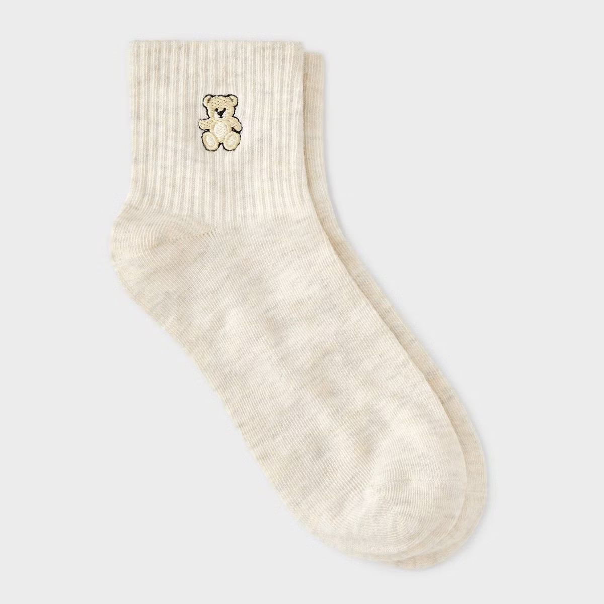 Women's Embroidered Teddy Bear Ankle Socks - Oatmeal/Tan 4-10 | Target