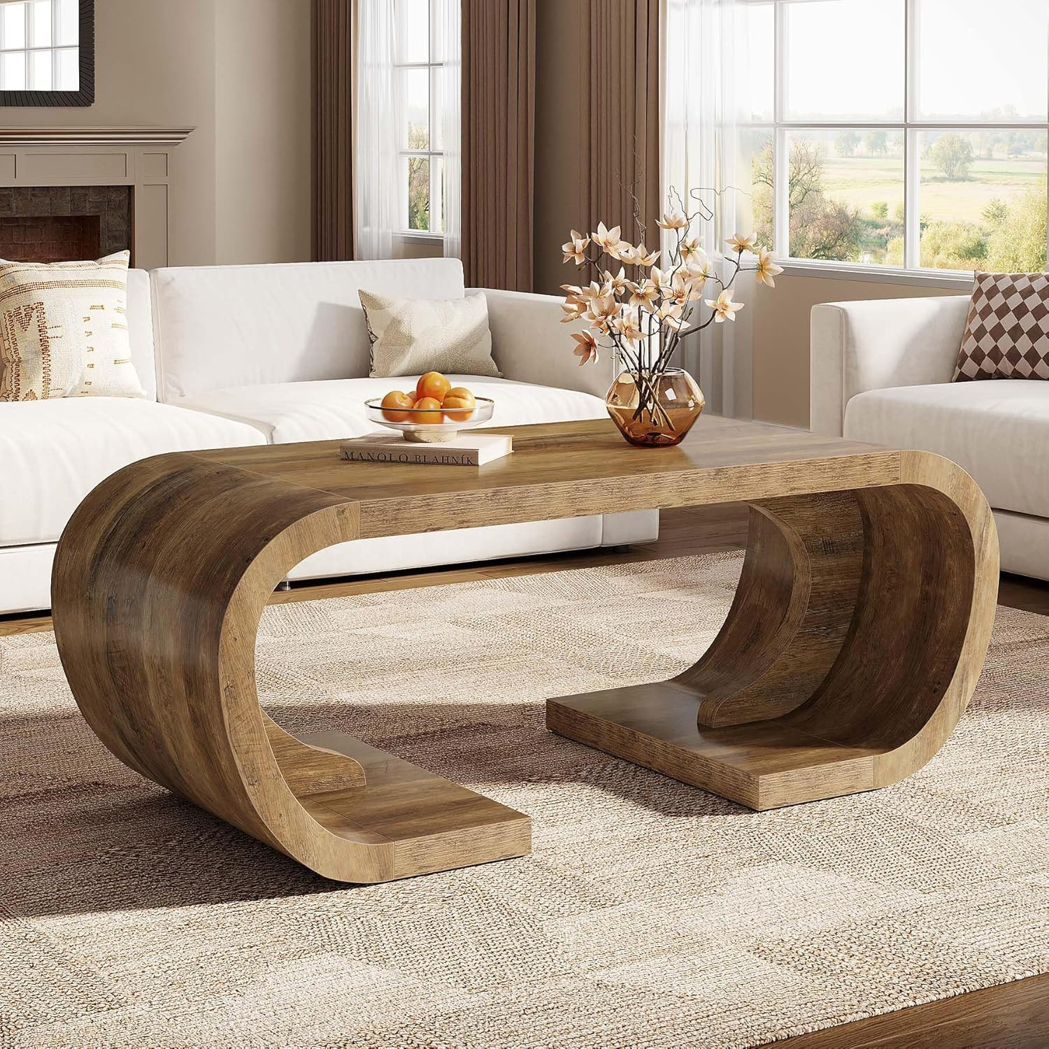 Tribesigns Farmhouse Coffee Table 47 inches Heavy Duty C Shaped Center Table with Curved Base Large Tea Table for Living Room Entertainment Room Home | Lowe's