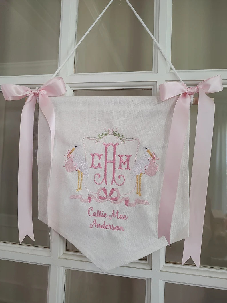 Baby Announcement Banner Nursery Decor Stork Embroidery New - Etsy | Etsy (US)