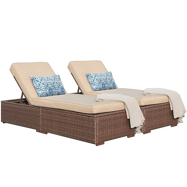 JOIVI 2 Pieces Outdoor Chaise Lounge Chair, Patio Reclining Sun Lounger, Brown Wicker Rattan Adju... | Walmart (US)