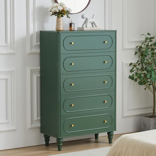 5 Drawer Fluted Dresser for Bedroom, Mid Century Modern Chest of Drawers, Wood Storage Large Dresser Organizer for Bedroom Living Room Hallway Closet, Green | Amazon (US)