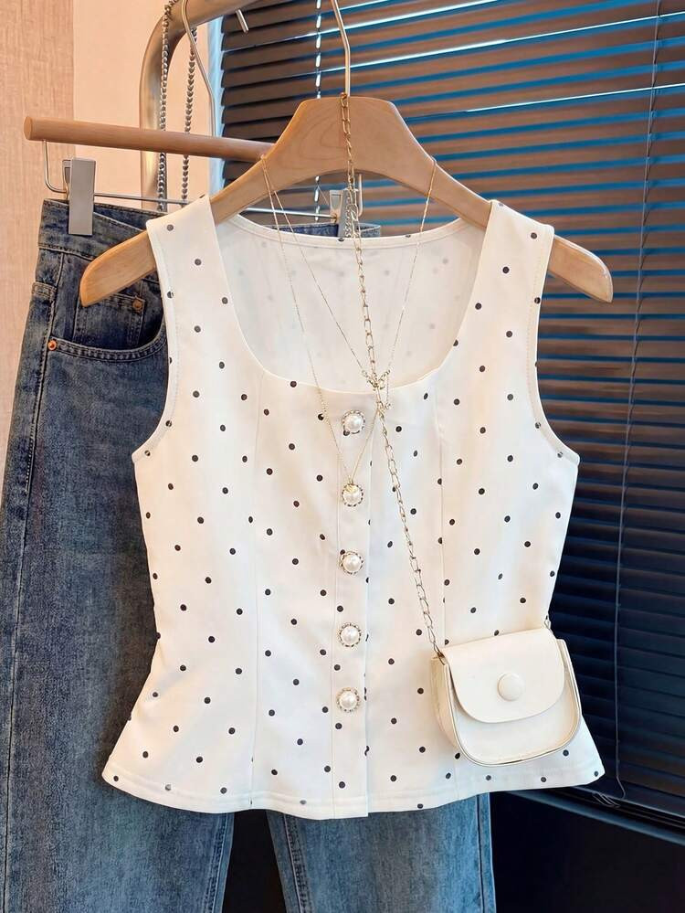 Franclia Elegante Blusa de Verano de Lunares Vintage con Decoraci\u00f3n de Perlas para Mujer, Bl... | SHEIN