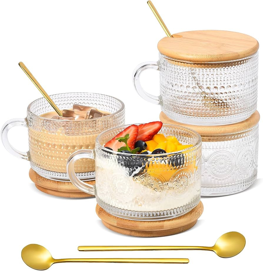 Vintage Coffee Mugs Set of 4 Embossed Tea Cups, Overnight Oats Containers with Bamboo Lids and Sp... | Amazon (US)