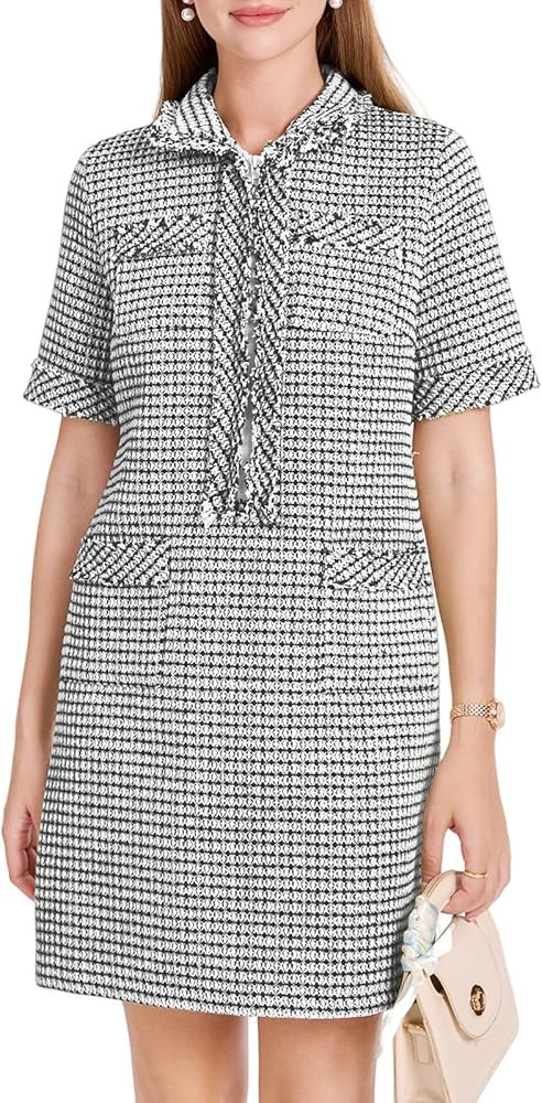 WOWULOVELY Womens Tweed Mini Dress Short Sleeve Straight Tube Front Half Zipper A-line Nubby Dres... | Amazon (US)