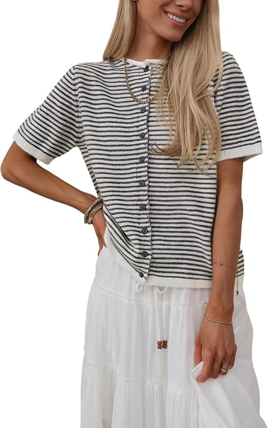 SCUSTY Women's Short Sleeve Striped Knit Cardigan Summer Casual Button Down Lightweight Sweaters | Amazon (US)