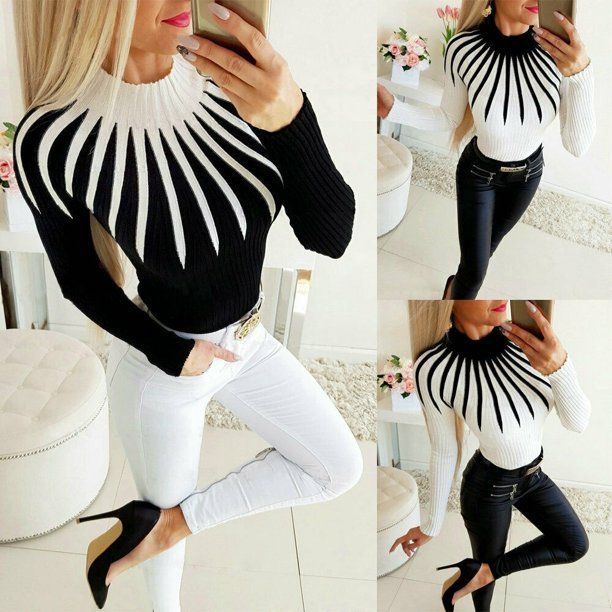 Women's Winter Turtleneck Sweater Long Sleeve Patchwork Blouse, Black/White - Walmart.com | Walmart (US)