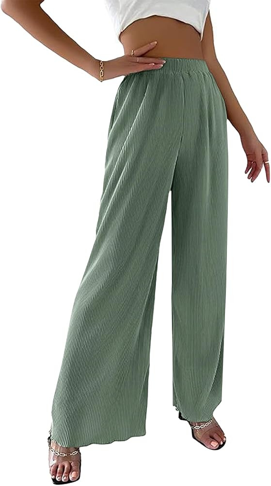 LYANER Women's Casual Rib Knit High Elastic Waist Wide Leg Pants Trousers with Pockets | Amazon (US)