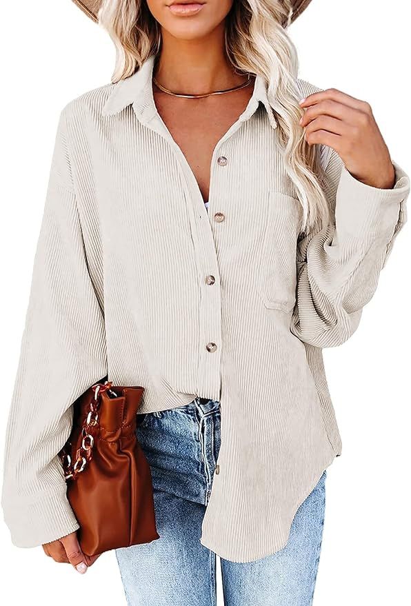 Zamowoty Womens Corduroy Shirts Button Down Long Sleeve Collared V Neck Oversized Jacket Tops wit... | Amazon (US)