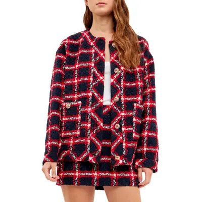 English Factory Plaid Bouclé Tweed Jacket in Navy at Nordstrom, Size Small | Nordstrom