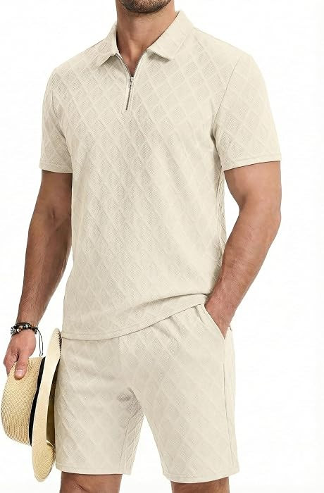 JMIERR Mens 2 Piece Jacquard Outfits Ultra Soft Comfy 1/4 Zip Golf Polo Shirt Shorts Set Tracksui... | Amazon (US)