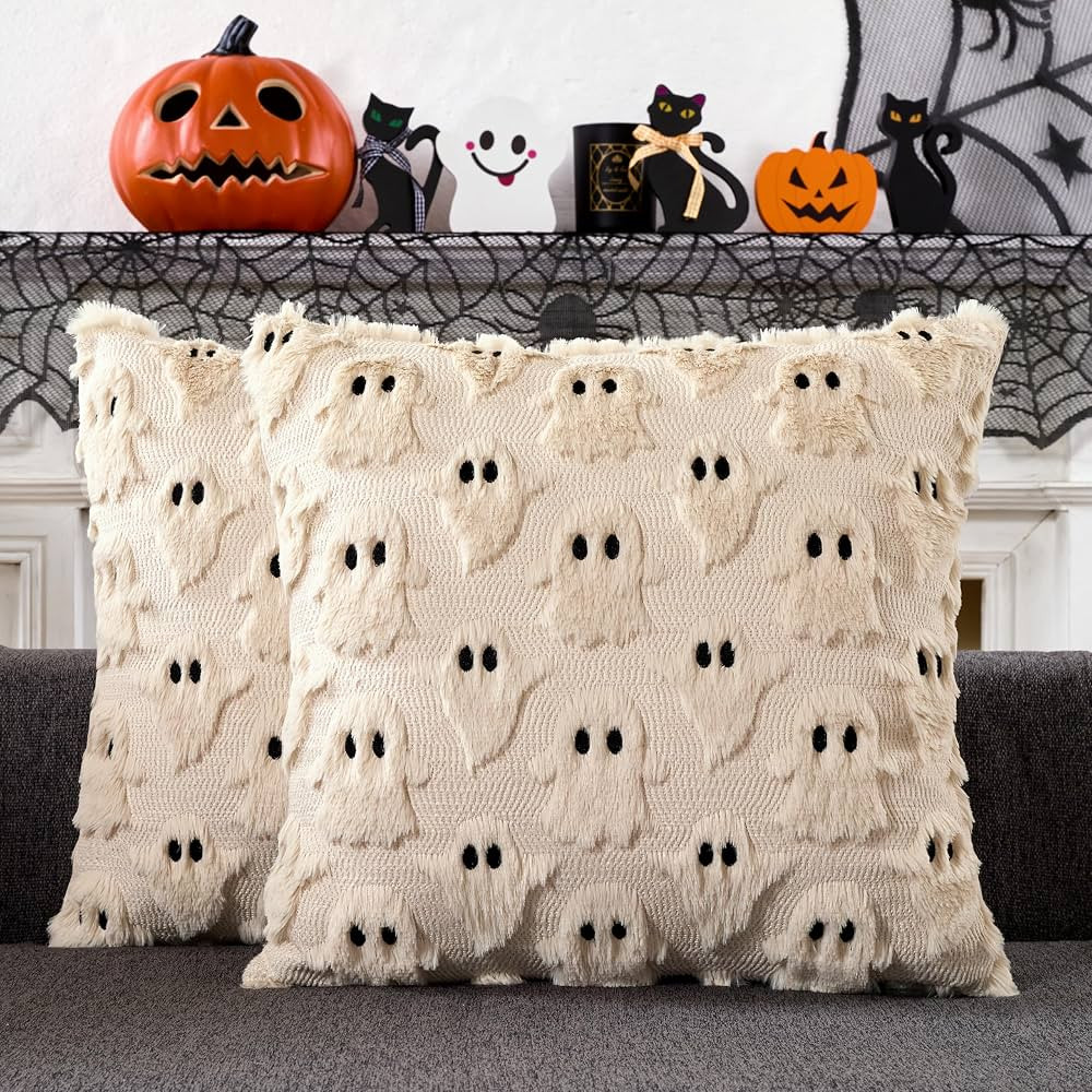 Halloween Decorations Pillow Covers 18x18 inch Set of 2 Beige Ghost Throw Pillow Cases Soft Plush... | Amazon (US)