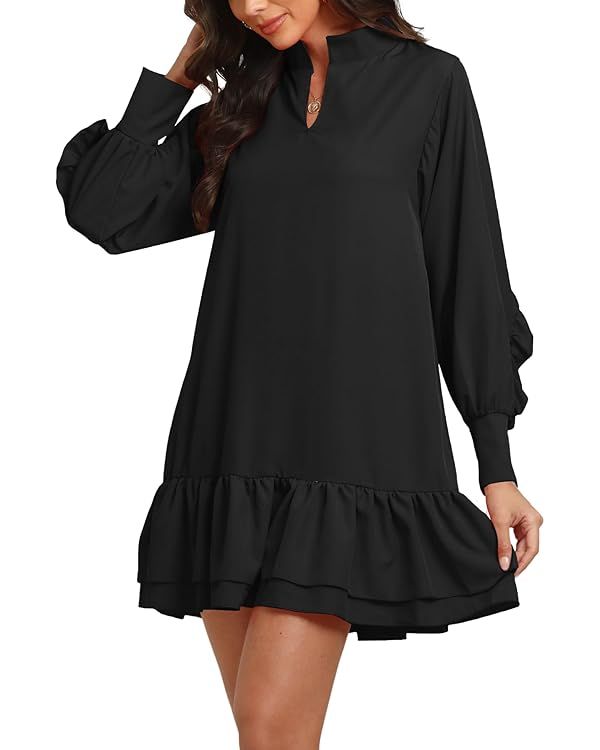Vrtige Women's Collar V Neck Long Sleeve Tiered Ruffle Hem Swing Mini Short Dress | Amazon (US)