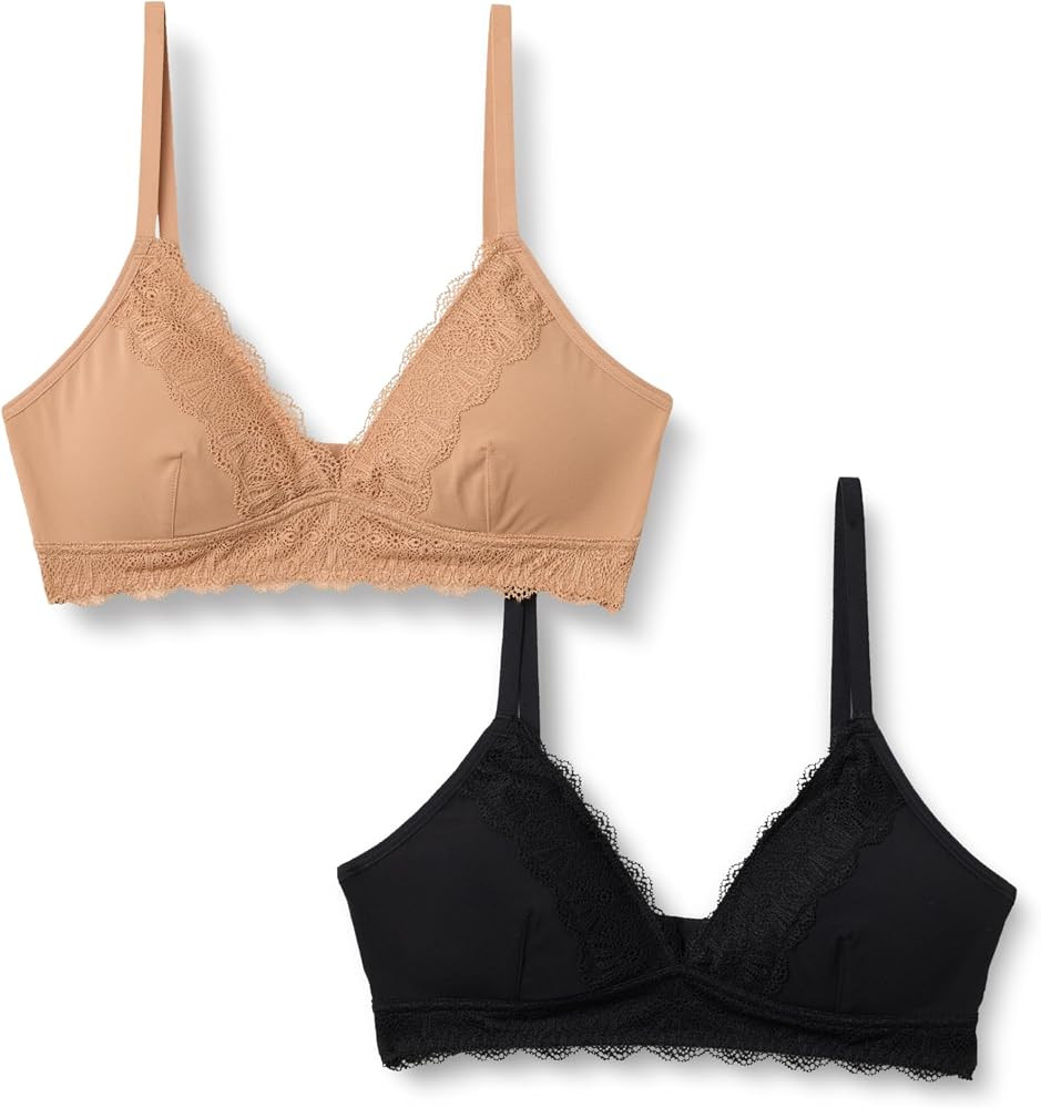 Amazon Essentials Women's Peached Microfibre with Lace Trim Lined V Neck Bralette, Pack of 2 | Amazon (US)