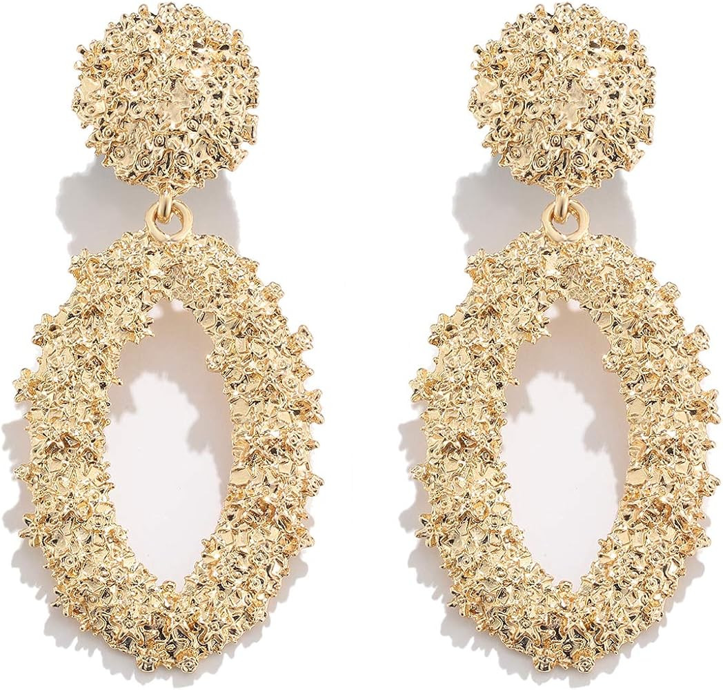 Statement Drop Earrings For Women Girls Boho Textured Dangle Earrings Gorgeous Geometric Oval Raised | Amazon (US)