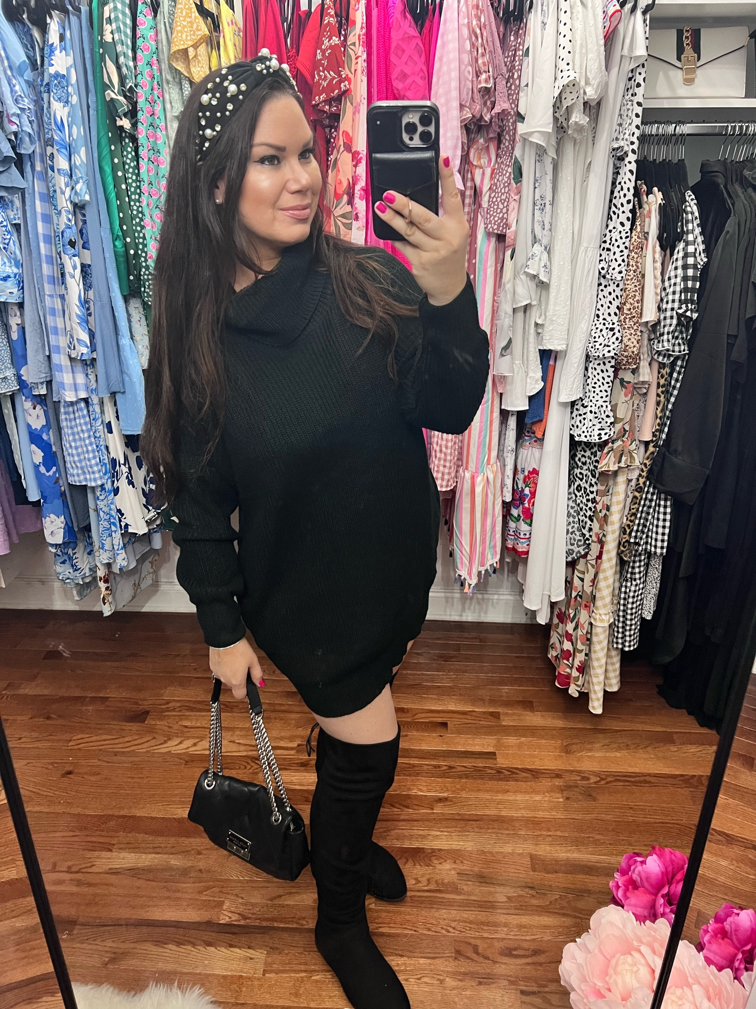 Women’s sweater dress. Fall winter fashion outfit. Little black dress. Date night outfit. Black boots. Turtle neck sweater dress. Headband. Accessories. Marc Jacobs handbag. 

#LTKfindsunder50 #LTKSeasonal #LTKstyletip