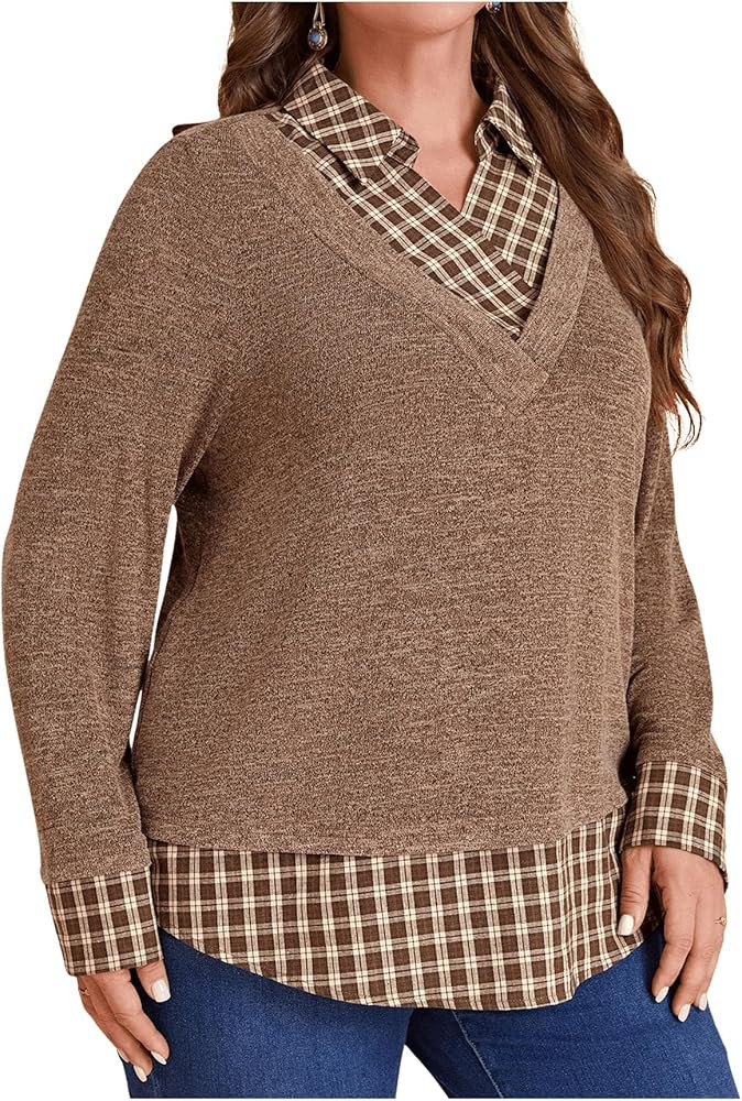Women's Plus Size Plaid Print Collar Neck 2 in 1 Tee Long Sleeve Asymmetrical T Shirts Casual Goi... | Amazon (US)