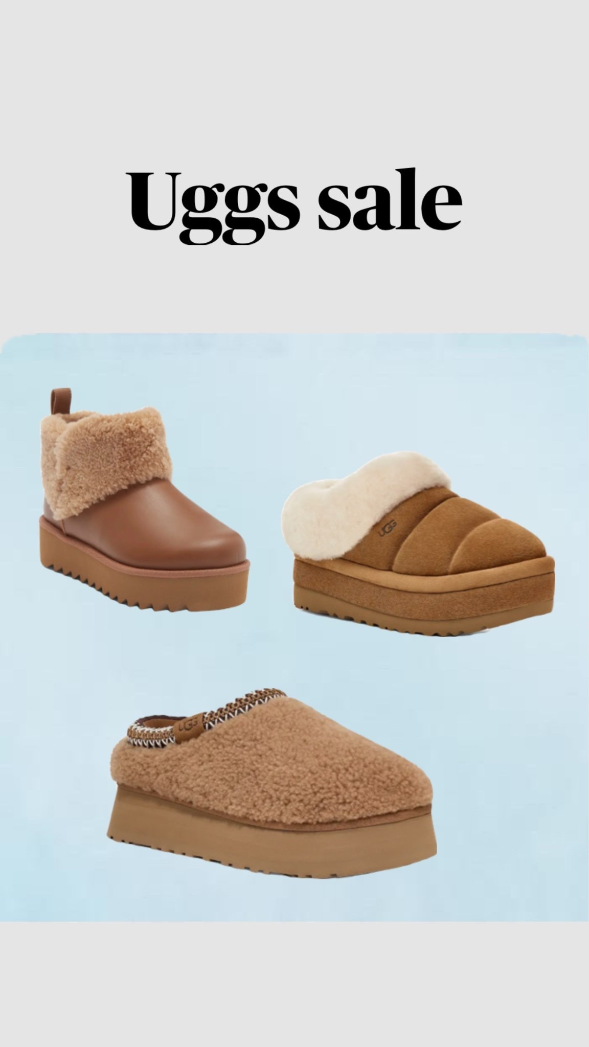 UGG sale alert 🔥 Cozy season essentials you’ll wear on repeat! These platform UGGs, shearling clogs, and ultra-mini boots are trending everywhere right now — comfy, warm, and perfect for winter outfits. Whether you’re running errands or lounging at home, these best-selling UGG styles are on major sale today. Shop fast before sizes sell out! 

#uggsale #uggs #uggseason #winterfashion #cozyvibes #ltkwinter #ltkfinds #ltkshoecrush #ltkunder100 #ltksalealert #fallstyle #winterstyle #comfyshoes #trendingnow #cozyseason #ltkwomen #ltkwishlist #ltkholiday #ltkitlist #ltkdeal #ltksale

#LTKHoliday #LTKGiftGuide #LTKCyberWeek