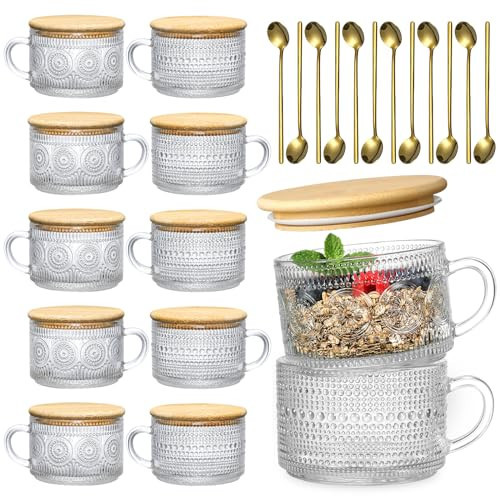 LANDNEOO 12pcs Set Irish Coffee Glasses, Vintage Coffee Mugs, Overnight Oats Containers with Bamboo Lids and Spoons - 14oz Clear Embossed Glass Cups, Cute Coffee Bar Accessories, Iced Coffee Glasses | Amazon (US)