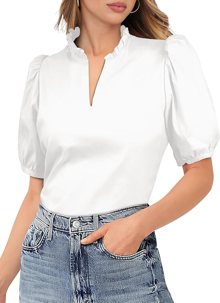 ANRABESS Puff Short Sleeve Shirts for Women Dressy Casual Tops V Neck Ruffle Blouse 2025 Summer T... | Amazon (US)