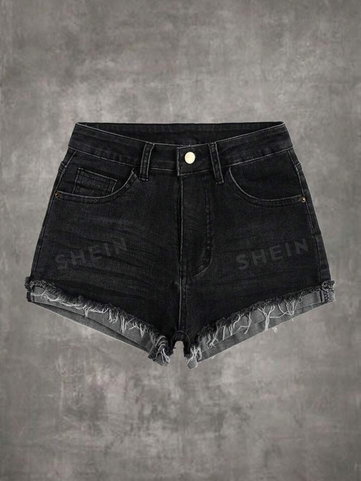 ROMWE Grunge Punk Solid Raw Hem Denim Shorts | SHEIN