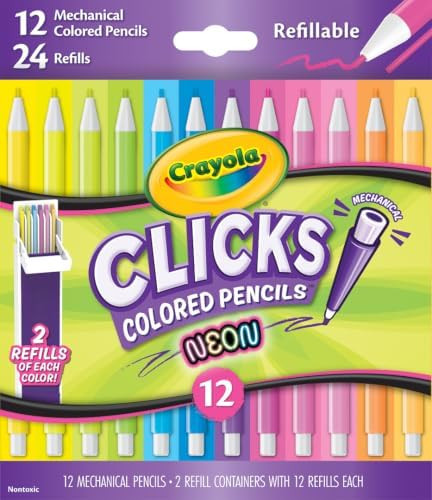 Crayola Clicks 2.0mm Mechanical Colored Pencil Set, 12 Neon Colors, Coloring Pencils for Kids, No... | Amazon (US)