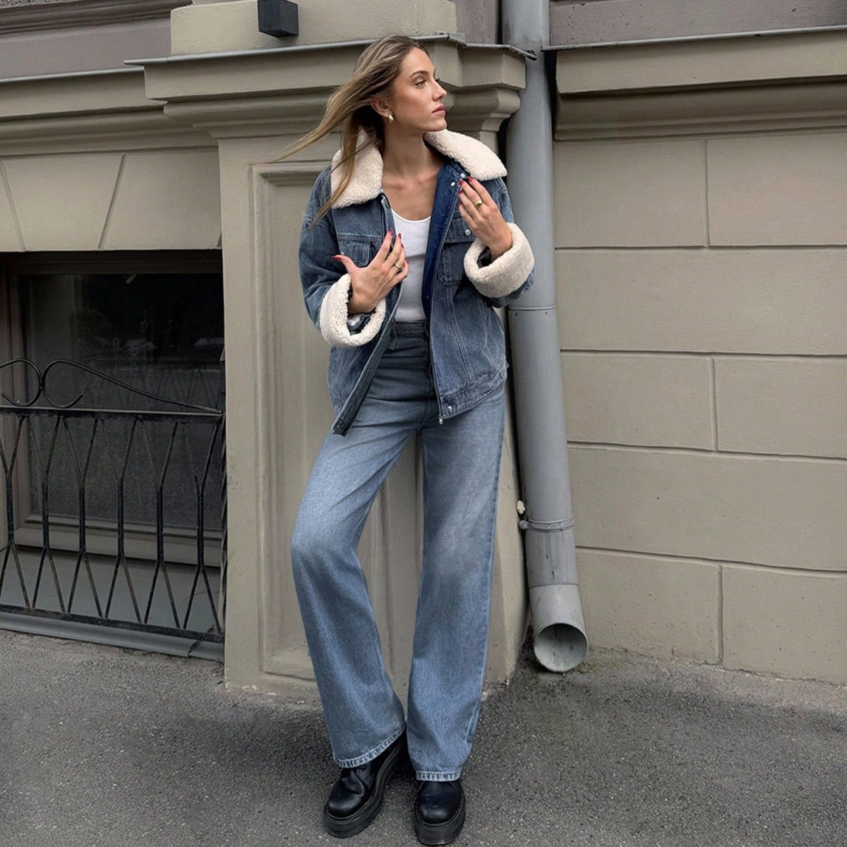 MOTF PREMIUM CONTRAST FAUX FUR BUTTON UP DENIM WINTER COAT | SHEIN