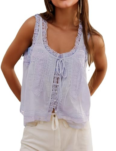 Women Summer Boho Lace Tie Front Tank Beach Vacation Top Button Down Sleeveless Cardigan Crop Y2k... | Amazon (US)