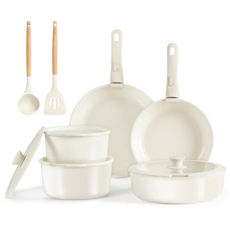 CAROTE 13-Piece Ceramic Cookware Set, Detachable Handle Pots and Pans Set, Oven Safe, Cream White | Walmart (US)