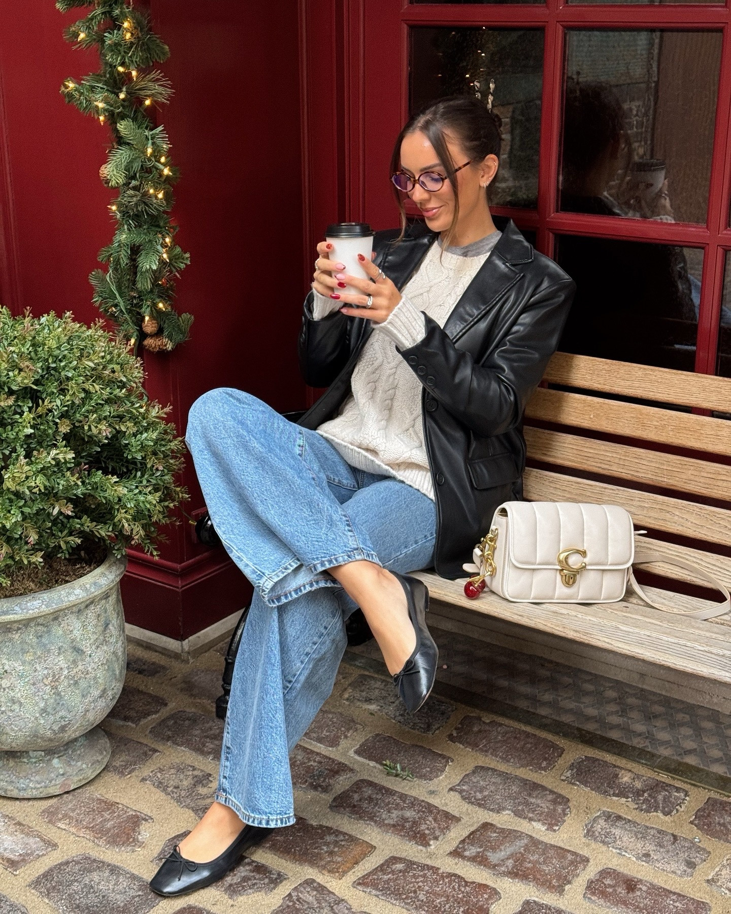 layering is key this time of year 🍒 love this cozy sweater from American eagle underneath a leather blazer. paired it with my wide leg denim + ballet flats for a effortless fall look 

#winteroutfit #leatherblazer #coachbag #layering

#LTKHoliday #LTKItBag #LTKSeasonal