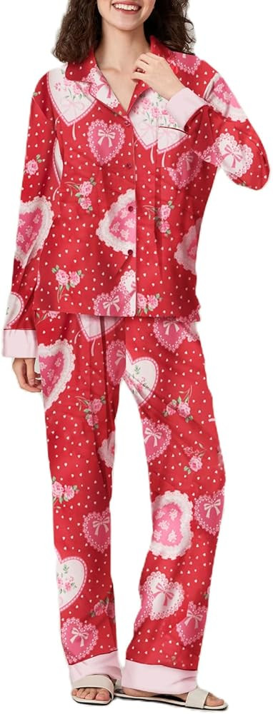 Argeousgor Women Valentine's Day Silk Satin Pajamas Set Button Down Shirt Pants Cute Heart Print ... | Amazon (US)