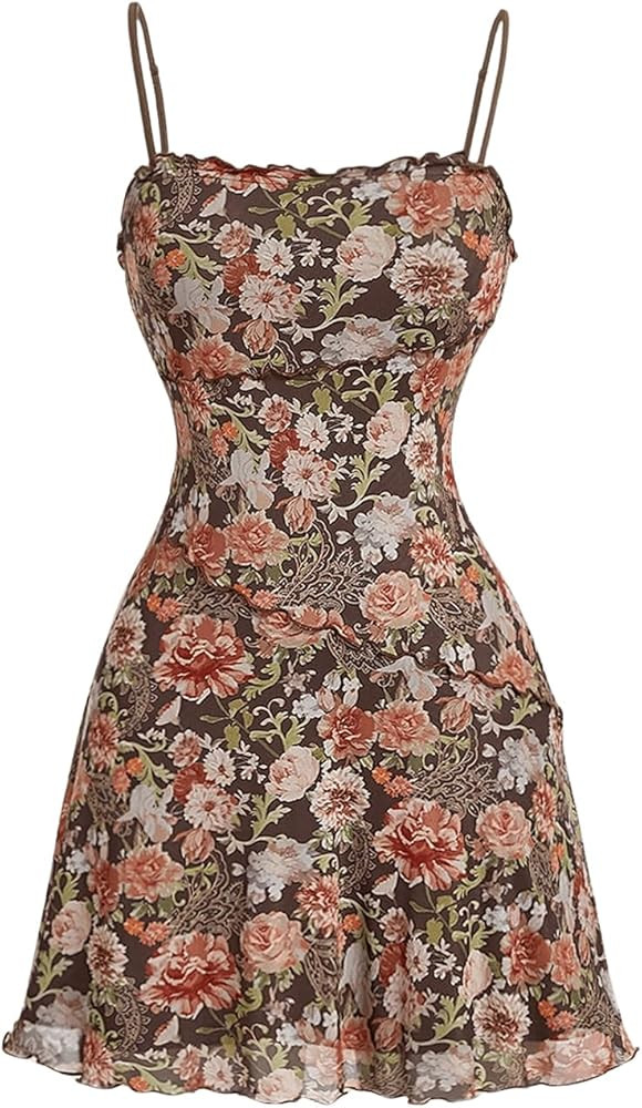 Verdusa Women's Lettuce Trim Floral Print Mesh Sleeveless A Line Short Cami Dress | Amazon (US)