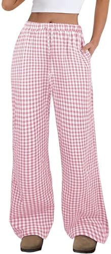 ANRABESS Women's Striped Gingham Pants 2026 Spring Pajama Lounge Boxer Pants Casual Wide Leg Draw... | Amazon (US)