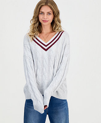 Juniors' V-Neck Varsity Cable-Knit Sweater | Macy's