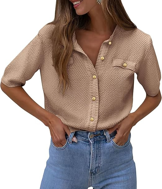 PRETTYGARDEN Women's Summer Button Down Shirts Casual Short Sleeve Crew Neck Ribbed Knit Blouse T... | Amazon (US)
