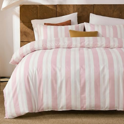 Merryword Pink Striped Duvet Cover Set King Size, 100% Cotton Bedding Set with Zipper Closure & 8 Corner Ties, Awning Stripe Bedding, Soft Breathable Comforter Cover for All Seasons | Amazon (US)