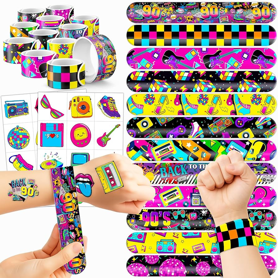 72PCS 90s & 80s Party Favors - 48PCS Pre-Cut Tattoos & 24PCS Slap Bracelets, Retro 90s Birthday P... | Amazon (US)