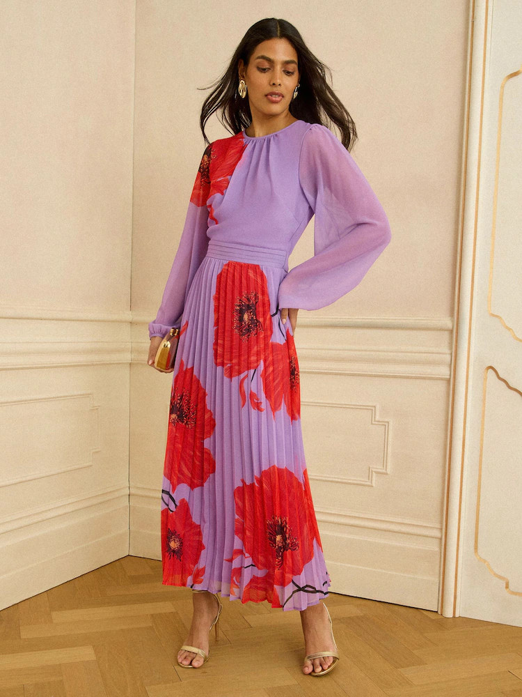 Love & Roses Lilac Red Poppy Chiffon Pleated Midi Dress | Next US
