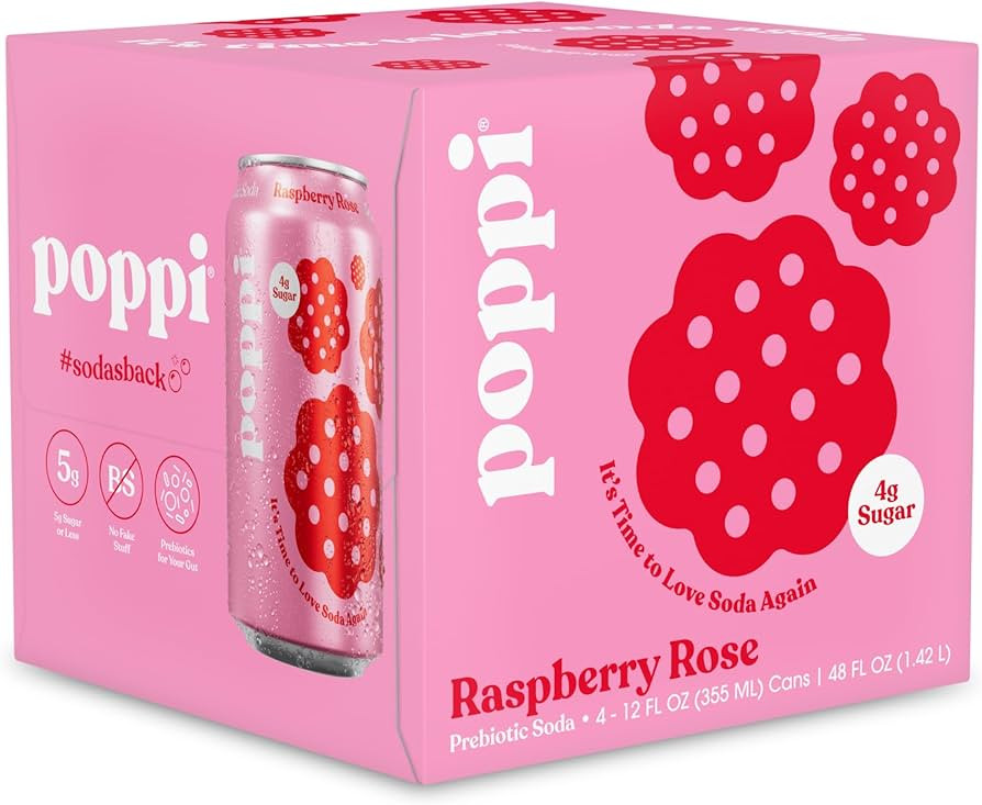 Poppi Raspberry Rose Prebiotic Soda 4PK, 12 FZ | Amazon (US)