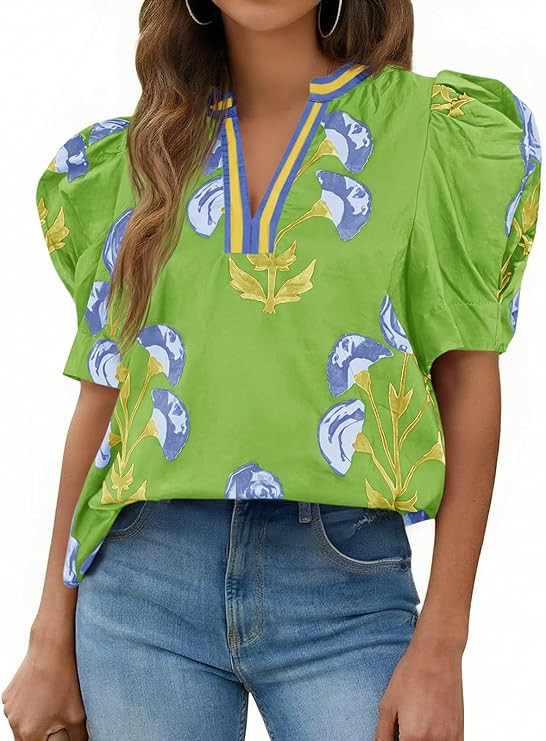 Cicy Bell Womens Summer Puff Sleeve Blouses Casual Dressy V Neck Color Block Tops Loose Fit Boho ... | Amazon (US)