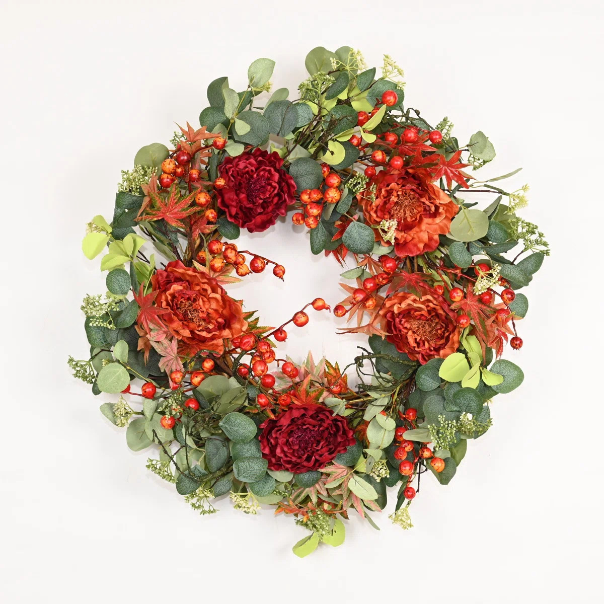 26" Fall Thanksgiving Day Peony Eucalyptus Berry Floral Wreath for Front Door | Wayfair North America