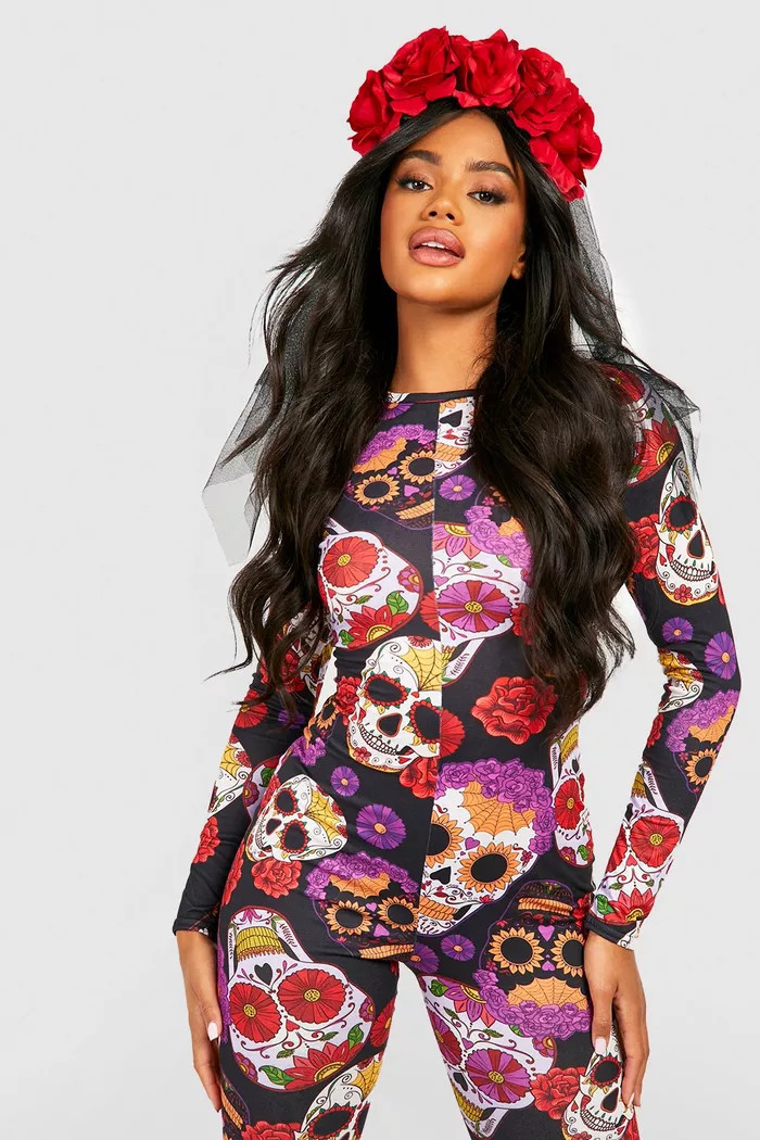 Halloween Floral Skull Print Jumpsuit | boohoo (US & Canada)