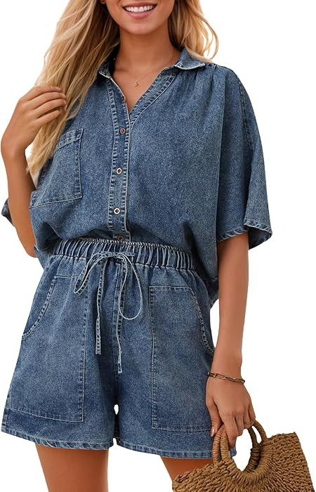 Zilcremo Womens 2 Piece Outfits Summer Short Sleeve Denim Sets | Amazon (US)