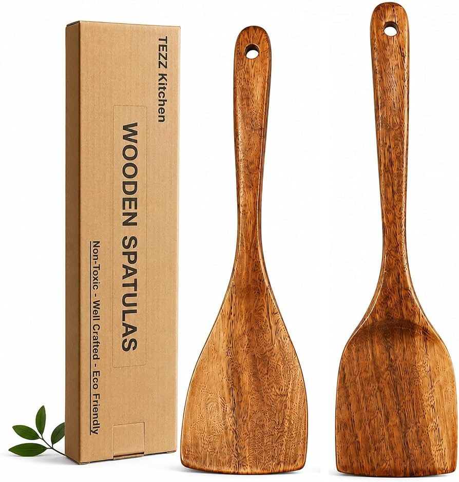 Wooden Spatulas, 2 PCs Natural Acacia Wooden Cooking Utensils Set for Non-stick Pan Kitchen Tool,... | Amazon (US)
