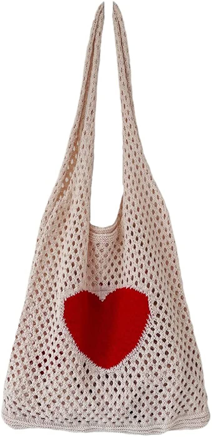Beach Bag Aesthetic Knitted Tote Bag Fairy Grunge Bag Crochet with Heart Pattern Tote Bags | Amazon (US)