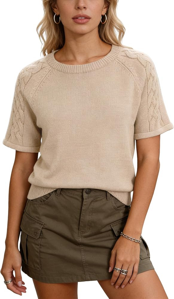 Yeokou Womens Short Sleeve Sweater Oversized Round Neck Cable Knit Pullover Spring Summer Casual ... | Amazon (US)