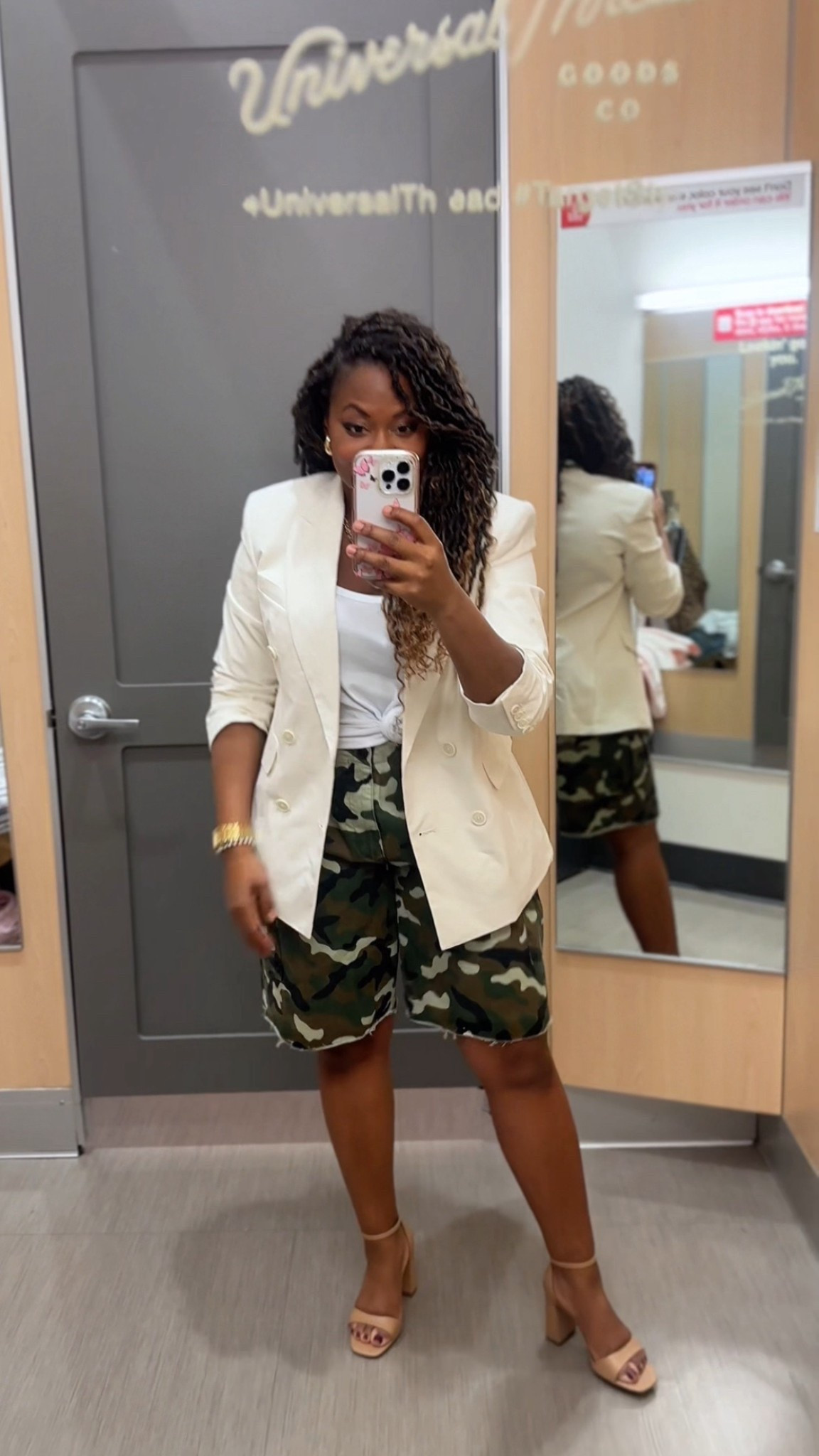 Kbb @Target 

Camo shorts, jorts, blazer, tank, nude heels 